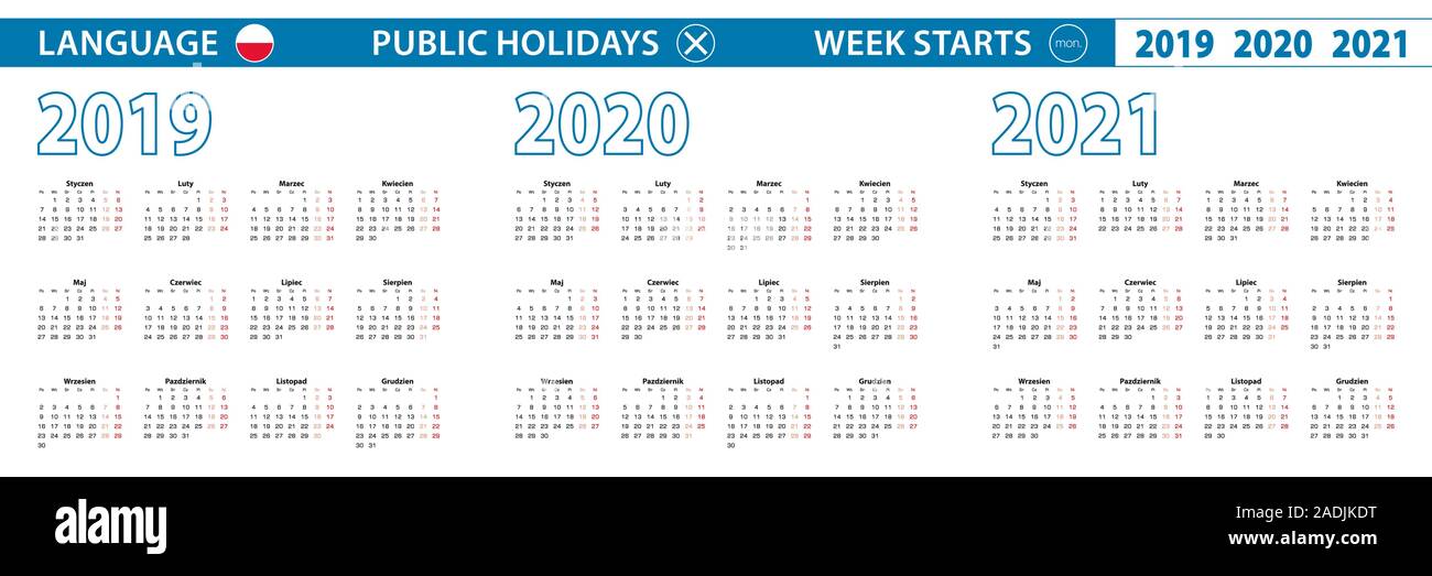 Modèle simple calendrier en polonais pour 2019, 2020, 2021 ans. De début de la semaine à partir de lundi. Vector illustration. Illustration de Vecteur