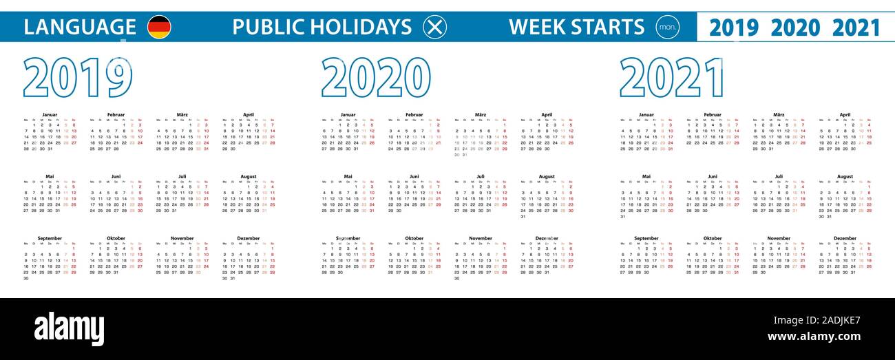 Simple calendrier modèle dans l'allemand pour 2019, 2020, 2021 ans. De début de la semaine à partir de lundi. Vector illustration. Illustration de Vecteur