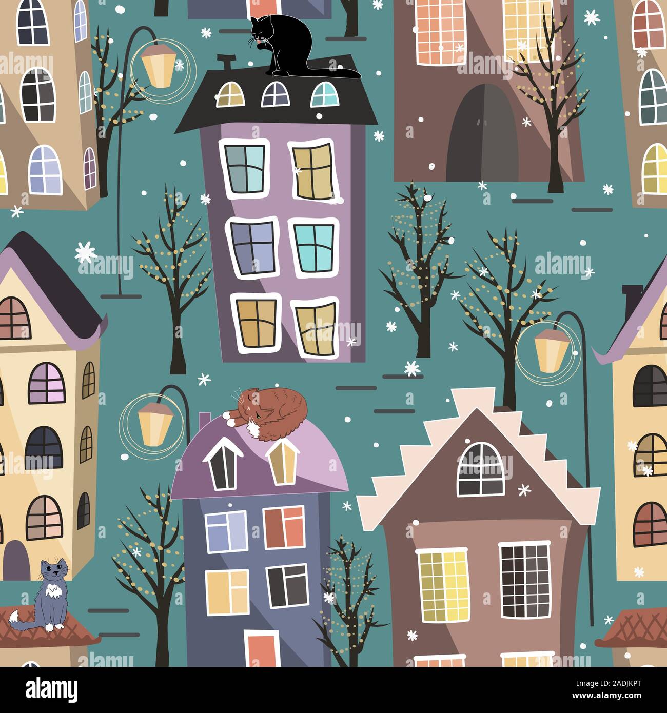 Maisons de ville hiver transparente, les chats, et les arbres. Ville conviviale sous de conte de neige. Fond vecteur de Noël Illustration de Vecteur