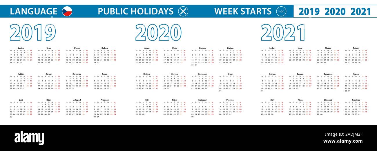 Modèle simple calendrier en tchèque pour 2019, 2020, 2021 ans. De début de la semaine à partir de lundi. Vector illustration. Illustration de Vecteur