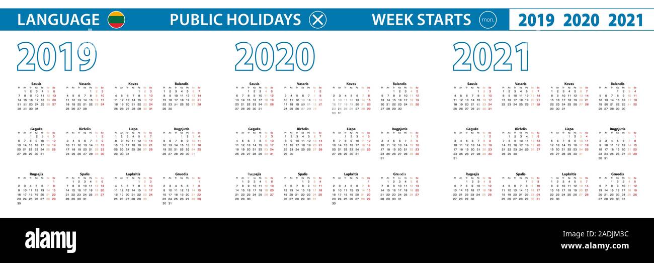 Modèle simple calendrier en lituanien pour 2019, 2020, 2021 ans. De début de la semaine à partir de lundi. Vector illustration. Illustration de Vecteur