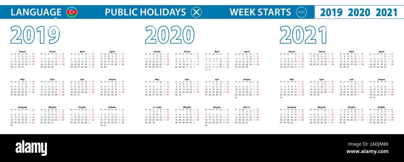 Modèle simple calendrier en azéri pour 2019, 2020, 2021 ans. De début de la semaine à partir de lundi. Vector illustration. Illustration de Vecteur
