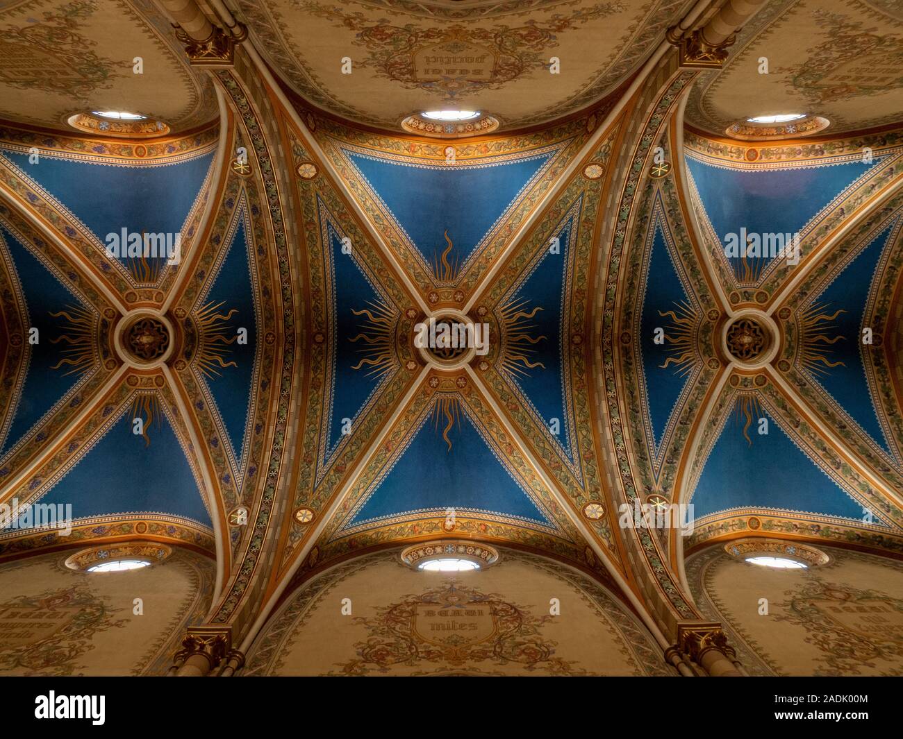 Beau plafond de l'église 'Madonna delle Neve" (Notre Dame de la neige) dans son style néo-gothique. Situé à Monforte d'Alba, Piemonte, Italie Banque D'Images