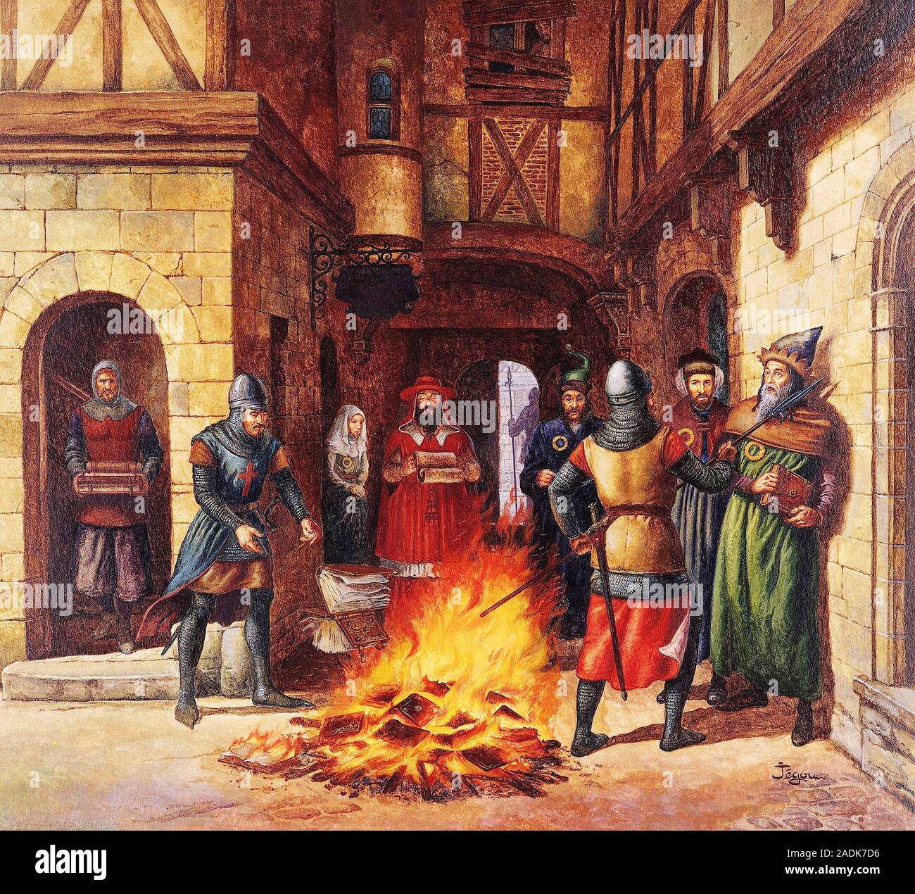 L'inquisition médiévale. Des soldats d'art médiéval l'intimidation d'un homme accusé d'hérésie. Les soldats brûlent les livres qui ont été interdits par le r Photo Stock - Alamy
