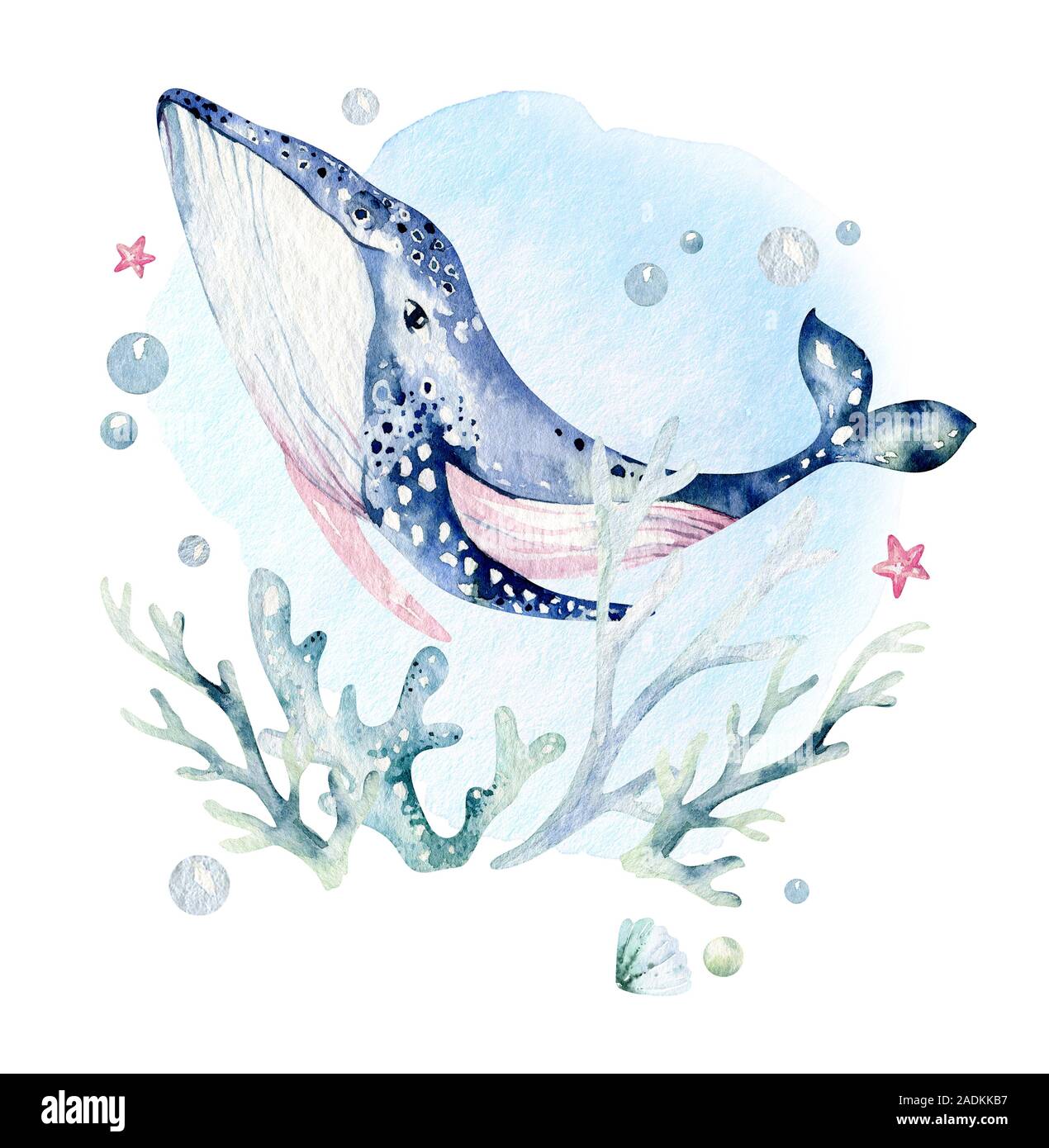 Ensemble d'animaux de mer. Aquarelle bleu ocean poisson, tortue, baleine et corail. Arrière-plan de l'aquarium du shell. Marine nautique illustration peinte à la main. Banque D'Images