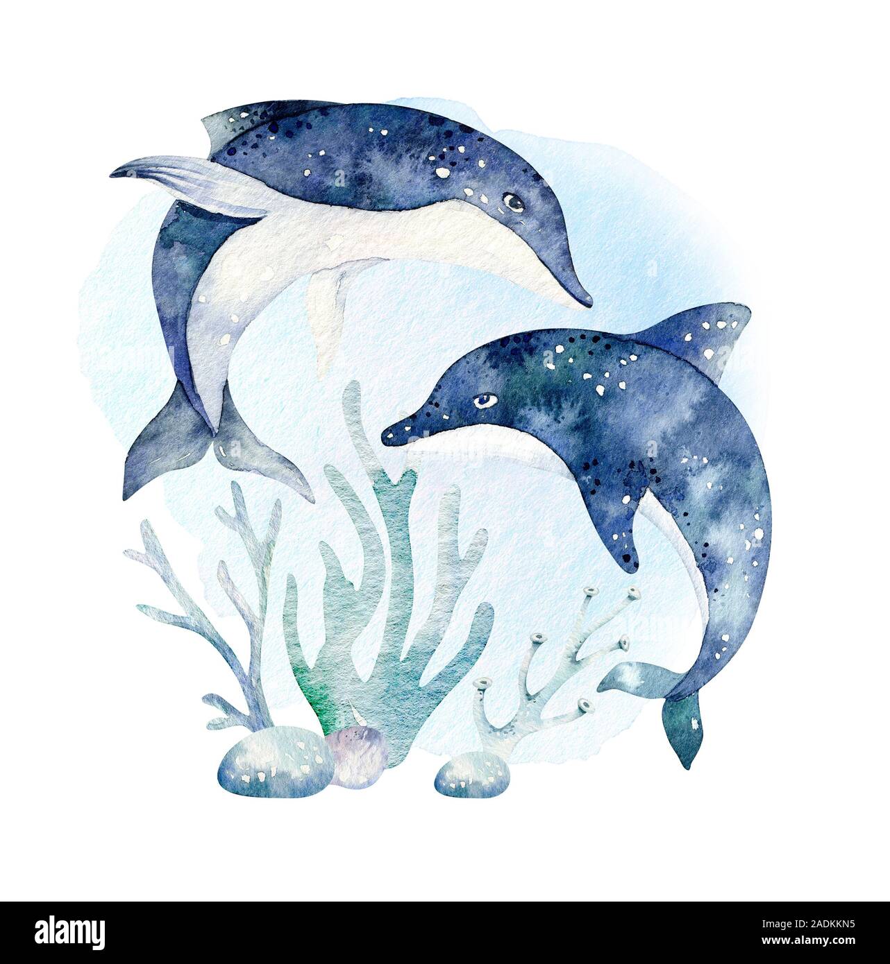 Ensemble d'animaux de mer. Aquarelle bleu ocean poisson, tortue, baleine et corail. Arrière-plan de l'aquarium du shell. La faune nautique dolphin marine illustration Banque D'Images