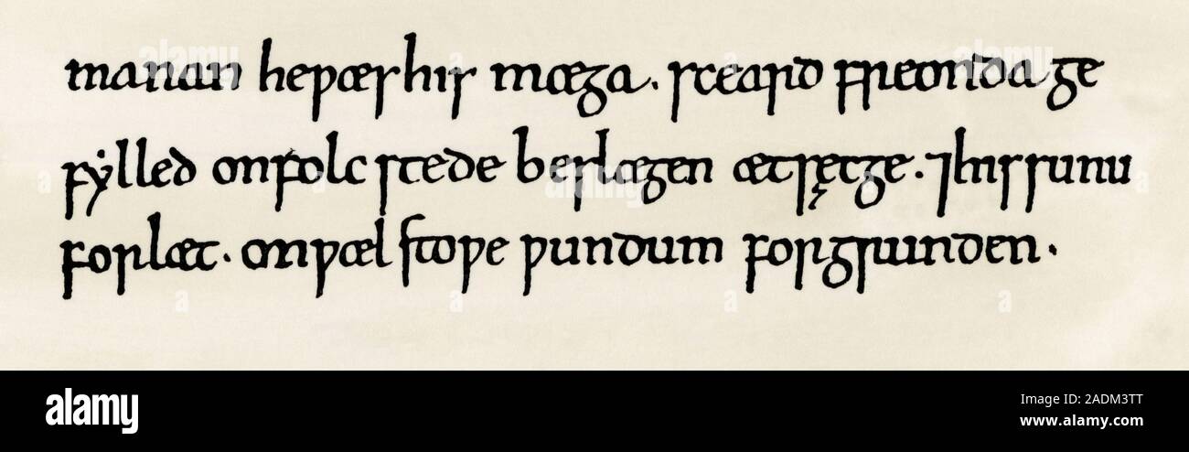 Old English script minuscule, 1000s. Reproduction gravure sur bois avec un lavage à l'aquarelle Banque D'Images