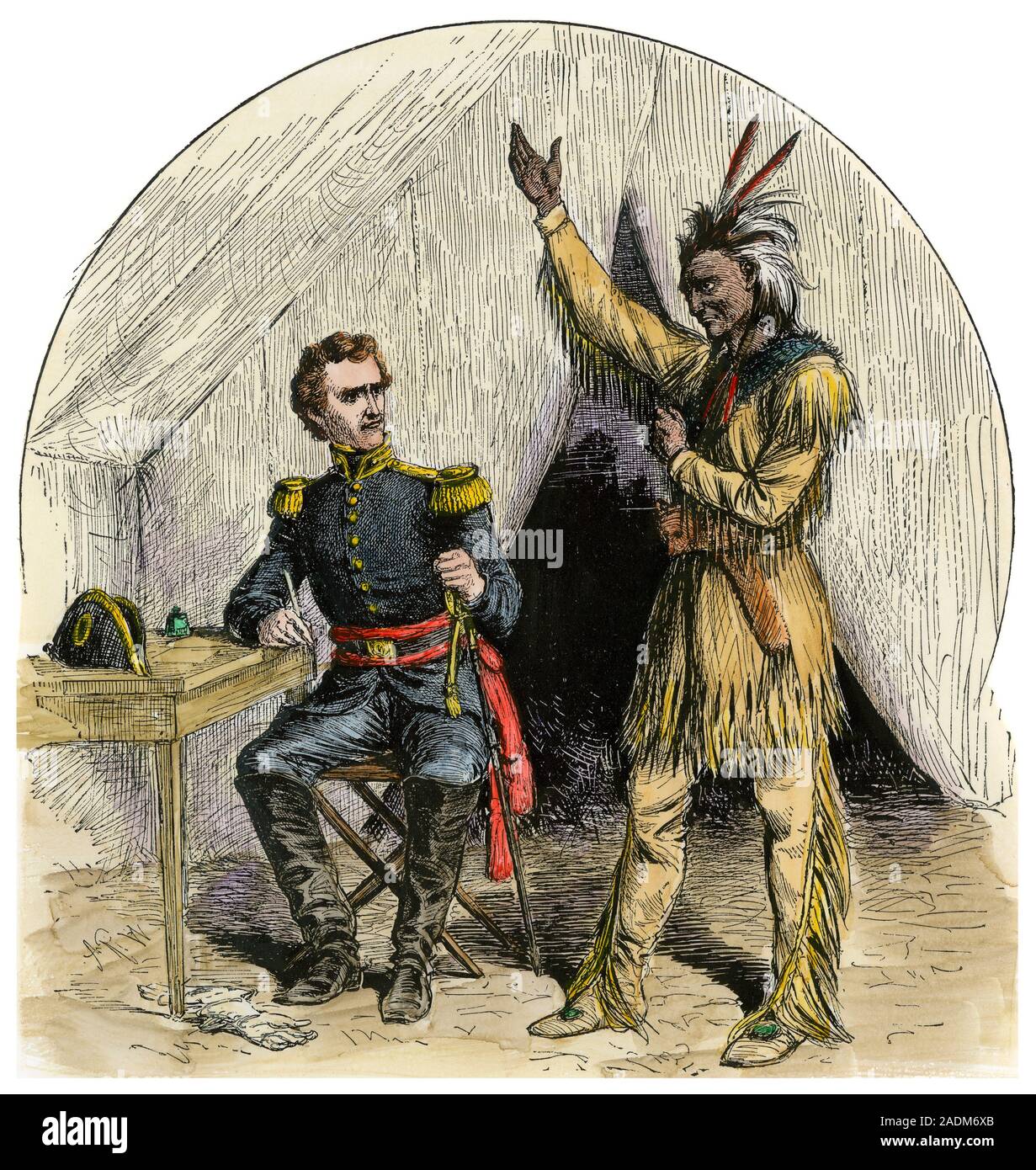 Chef de l'Aigle Rouge se rendre à Andrew Jackson, guerre Creek. À la main, gravure sur bois Banque D'Images