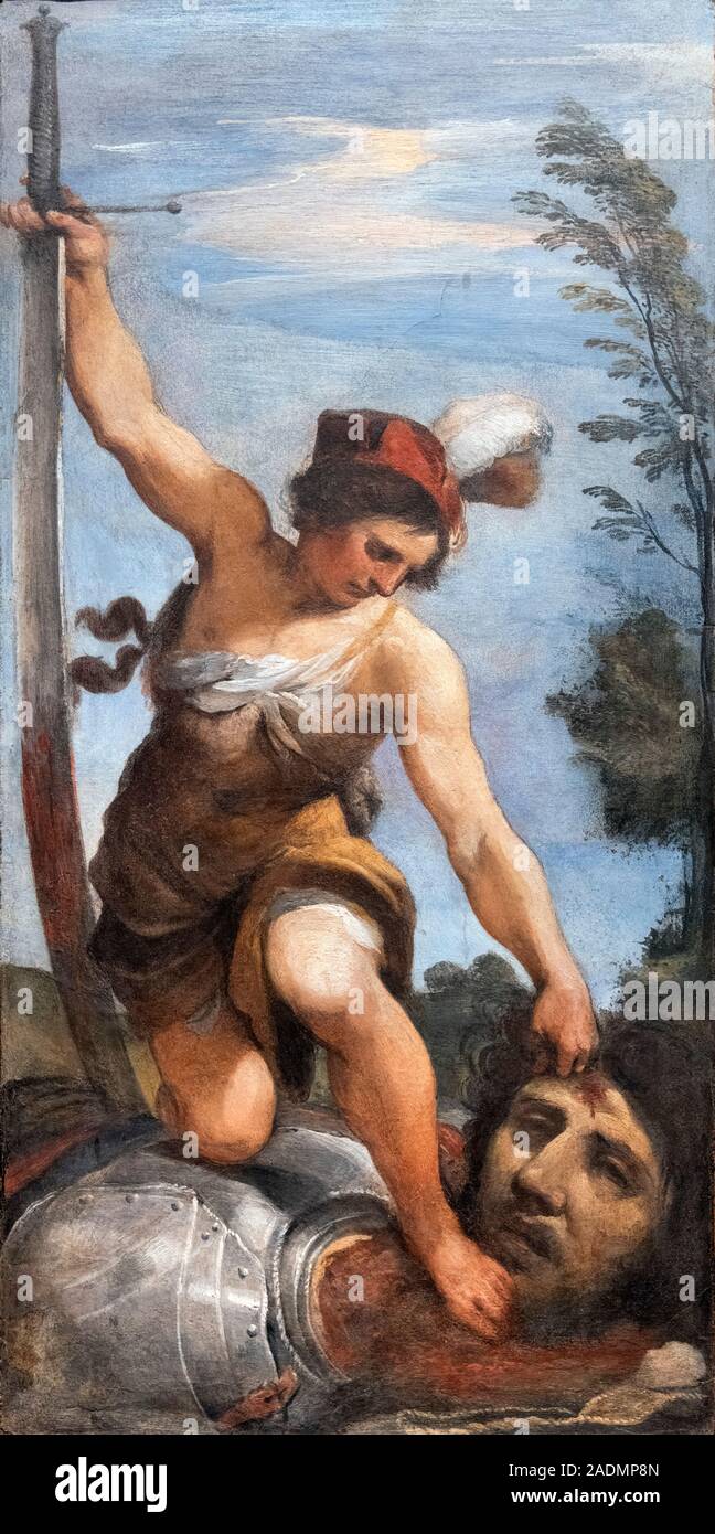David avec la tête de Goliath, par Il Guercino (Giovanni Francesco Barbieri : 1591-1666), huile sur toile, c.1618 Banque D'Images