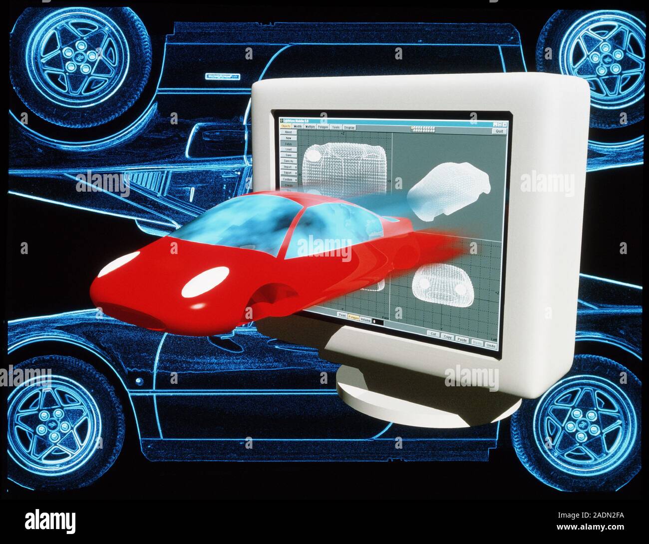 Car design. L'oeuvre de l'ordinateur de la conception assistée par ordinateur (CAD) d'une caisse. L'écran de l'ordinateur de droite montre la caisse à partir de trois angles différents Banque D'Images