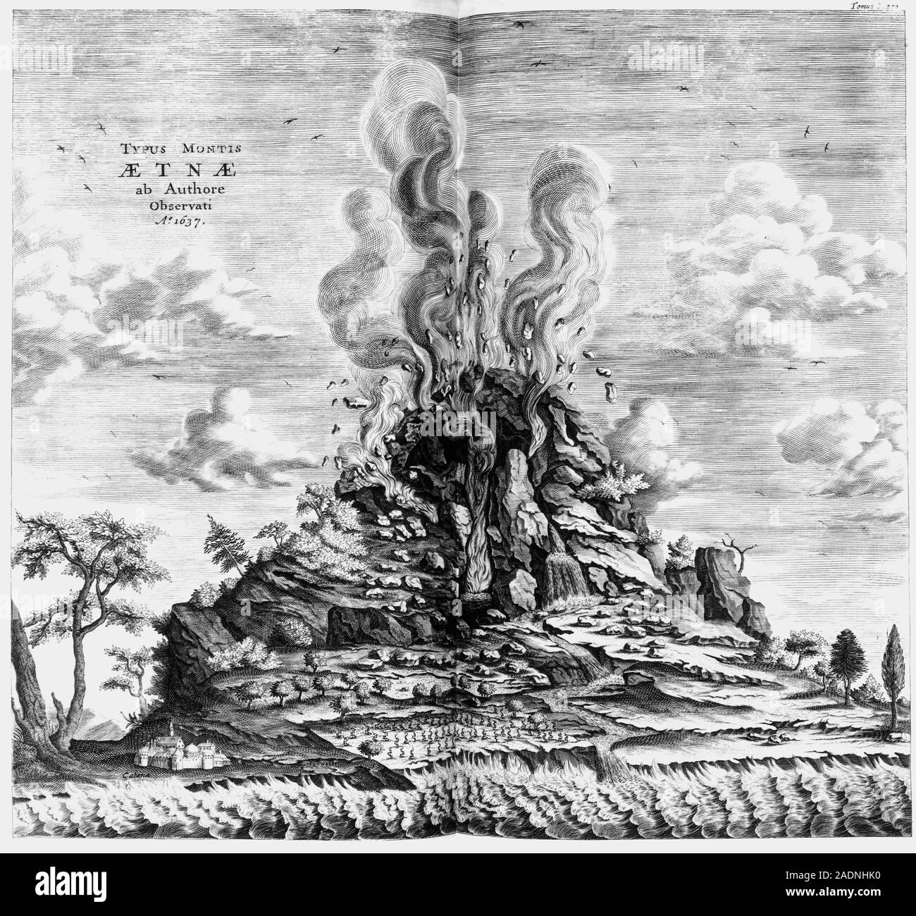 L'Etna, en éruption d'art historiques. Gravure de l'éruption du volcan Etna en 1637. Etna occupe la partie orientale de l'isl Italien Banque D'Images