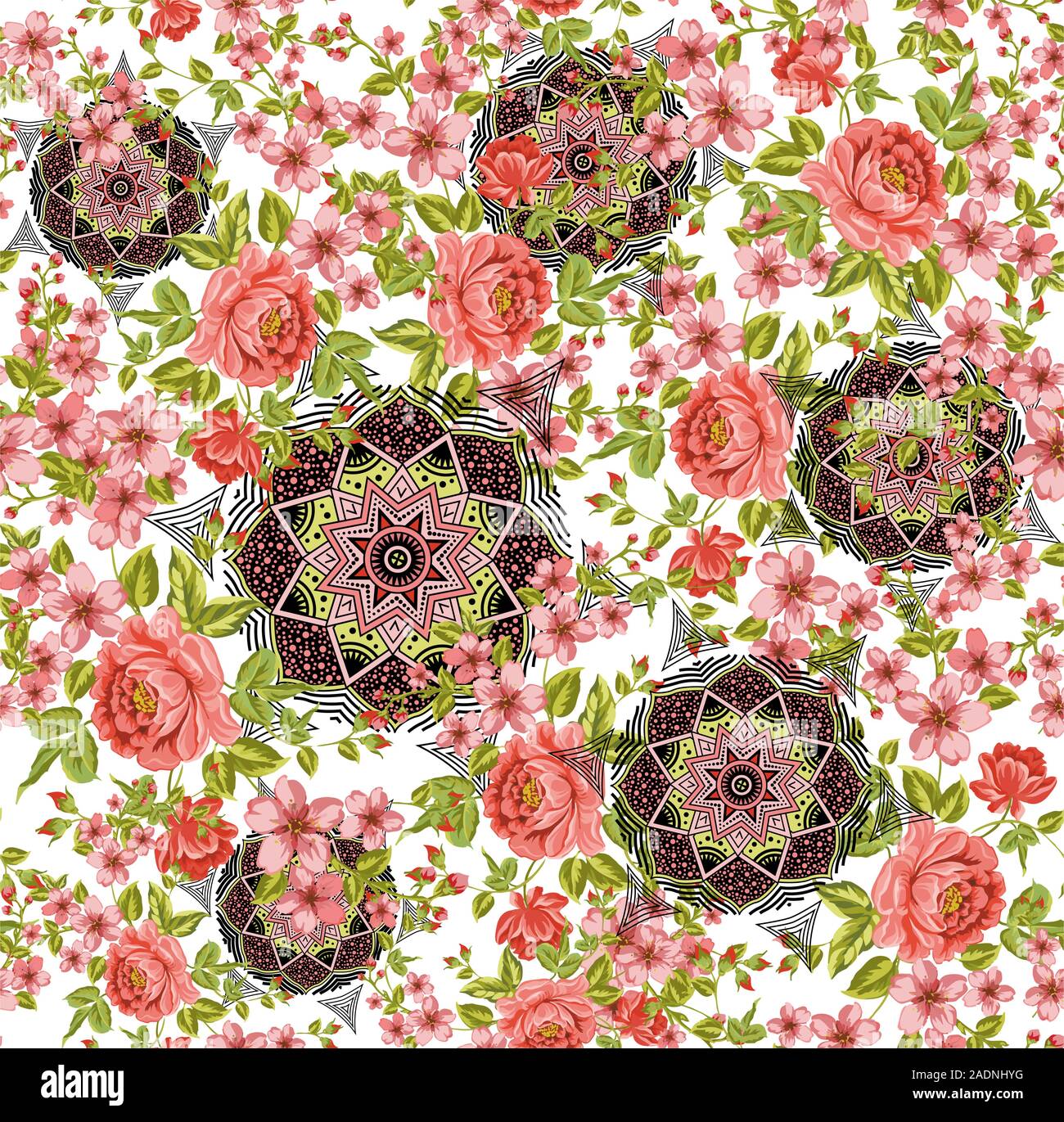 Des roses rose sans fin transparent avec motif design mandala géométrique. Formes géométriques traditionnelles sur fond blanc Illustration de Vecteur