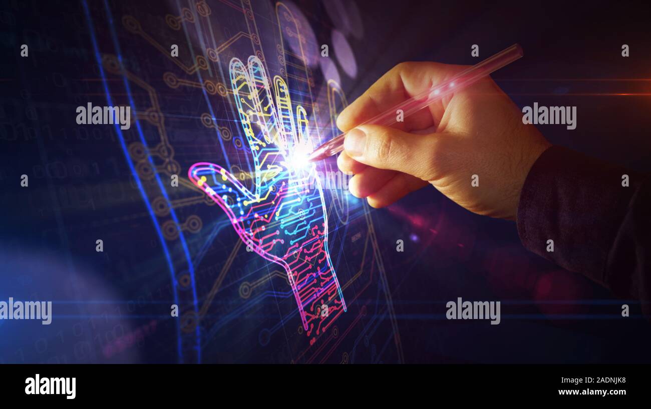 La création d'un projet de Cyber. Concept abstrait de la technologie cybernétique avancée, la robotique, l'automatisation et biométrique 3d illustration. S numérique Dessin Banque D'Images