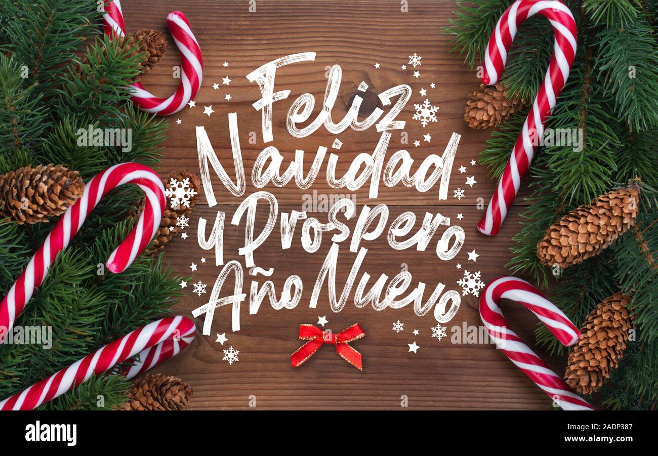 Carte De Vœux De Noel Avec Des Mots En Espagnol Joyeux Noel Et Une Bonne Annee Feliz Navidad Y Prospero Ano Nuevo La Direction Generale De L Arbre De Noel Decor Photo