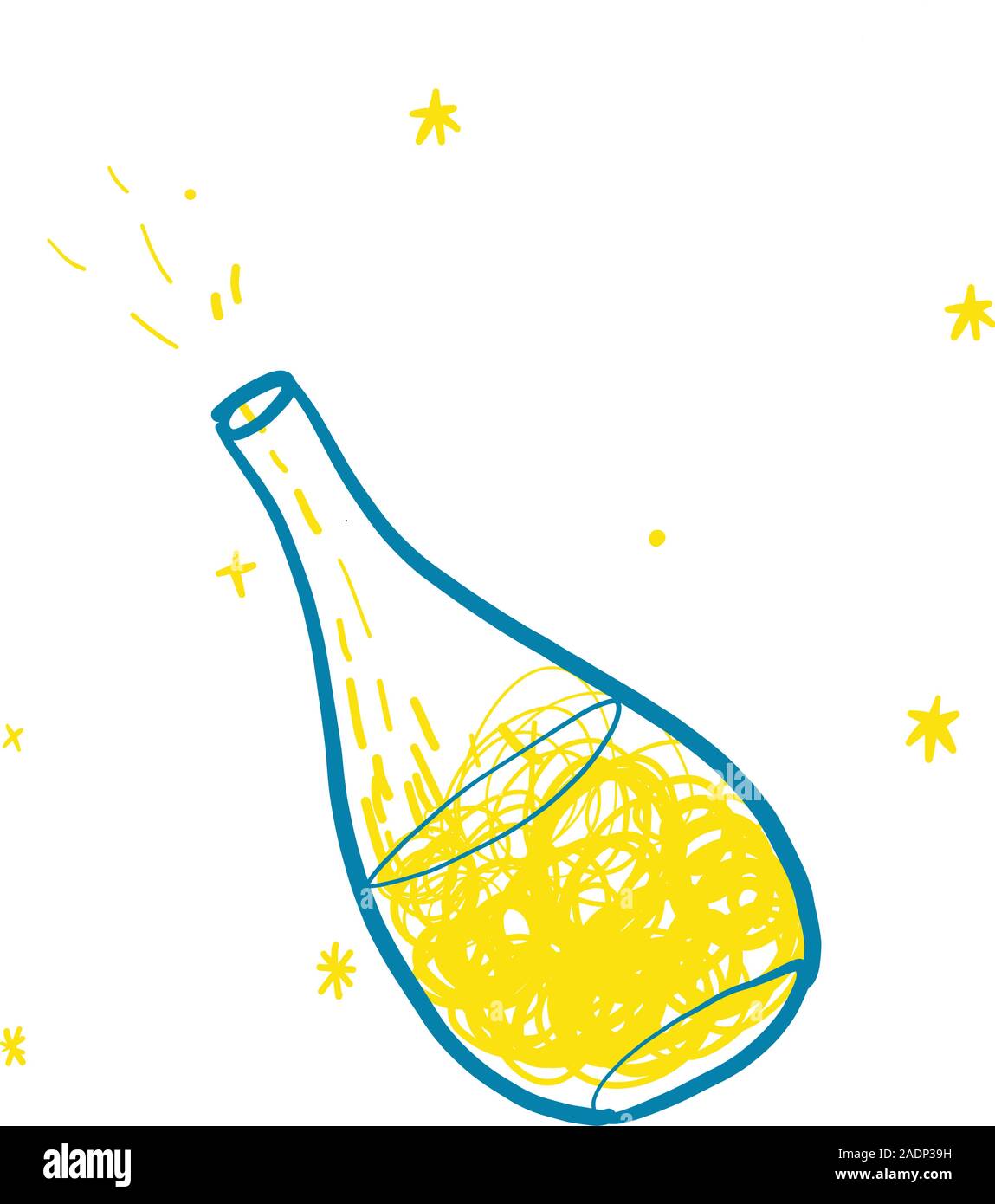 Bouteille avec la magie dans les couleurs jaune et bleu en gribouillages hand drawn style. Pour Impression t-shirt pour enfants illustrations de mode enfants et adultes livres. L'illustration de mode dessin dans un style moderne. Illustration de Vecteur