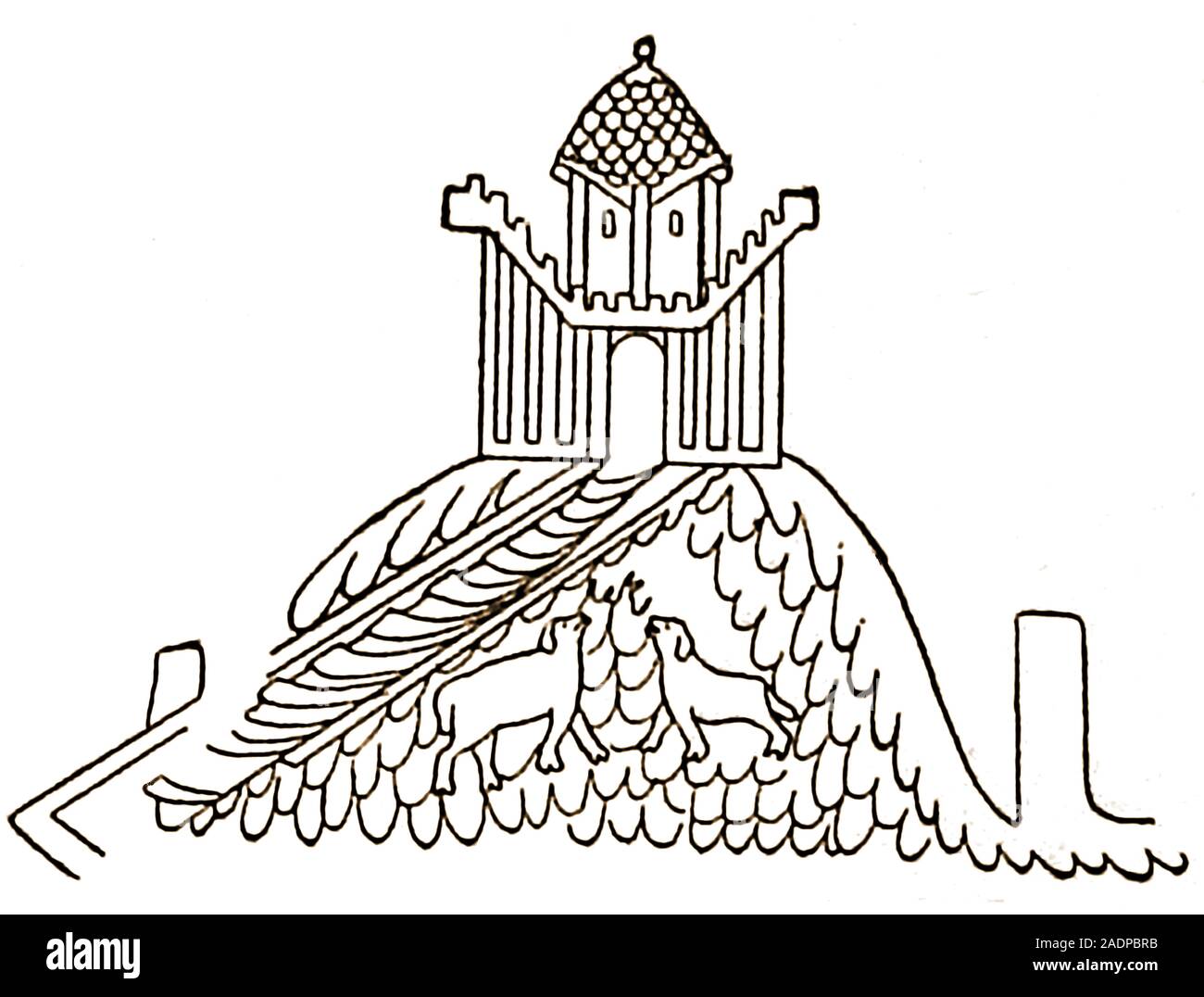 1933 Une représentation d'un château en bois à Rennes (Roazhon) aka , Bretagne, France . Il serait semblable à celui de deux châteaux préfabriqués construits par Guillaume le Conquérant en Angleterre immédiatement après la bataille de Hastings, prises à partir de la Tapisserie de Bayeux. Banque D'Images