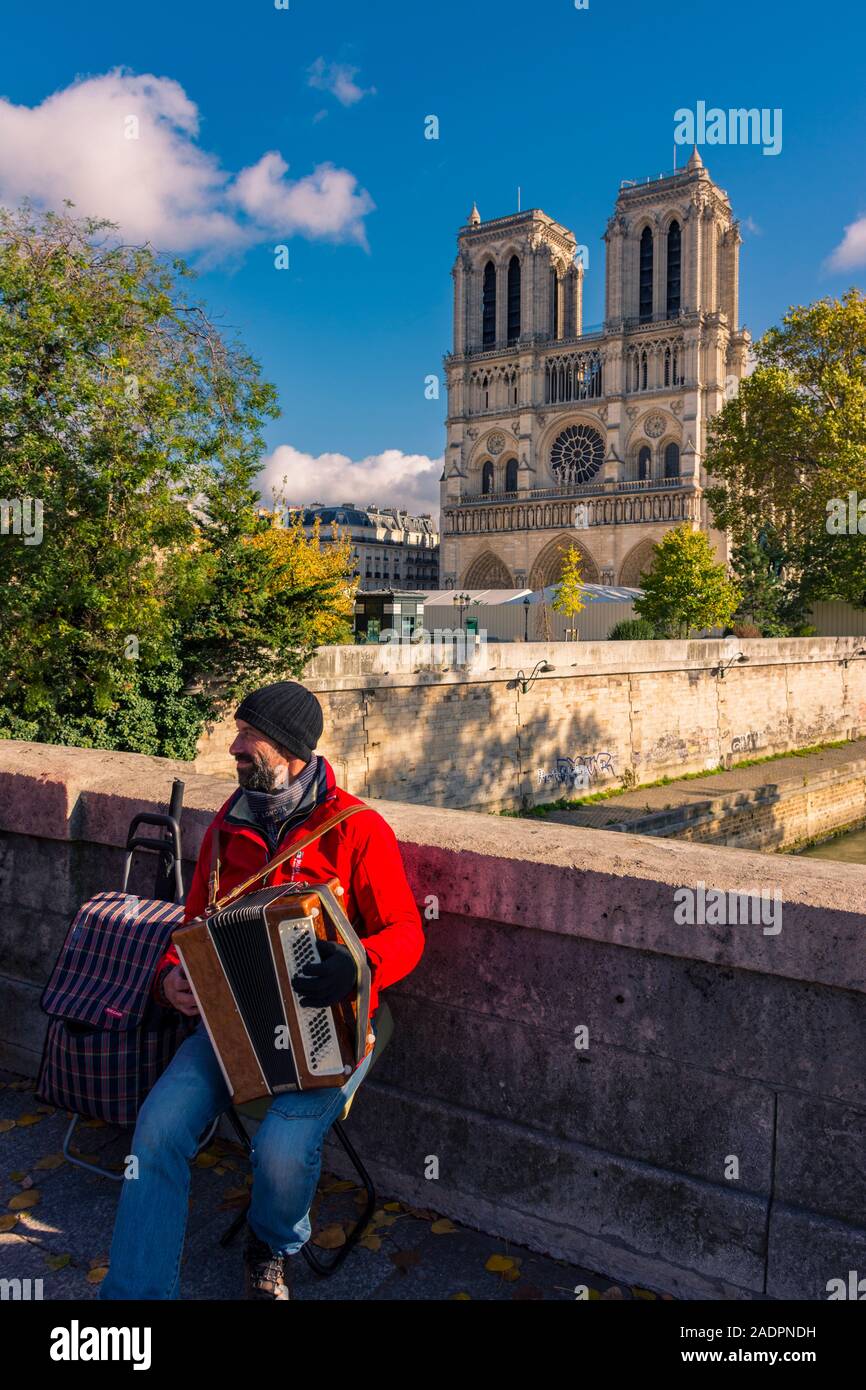 Paris, France - 7 novembre 2019 : un musicien de rue joue de l'accordéon sur l'pont des accidentes (du coeur) en face de la Cathédrale Notre-Dame Banque D'Images