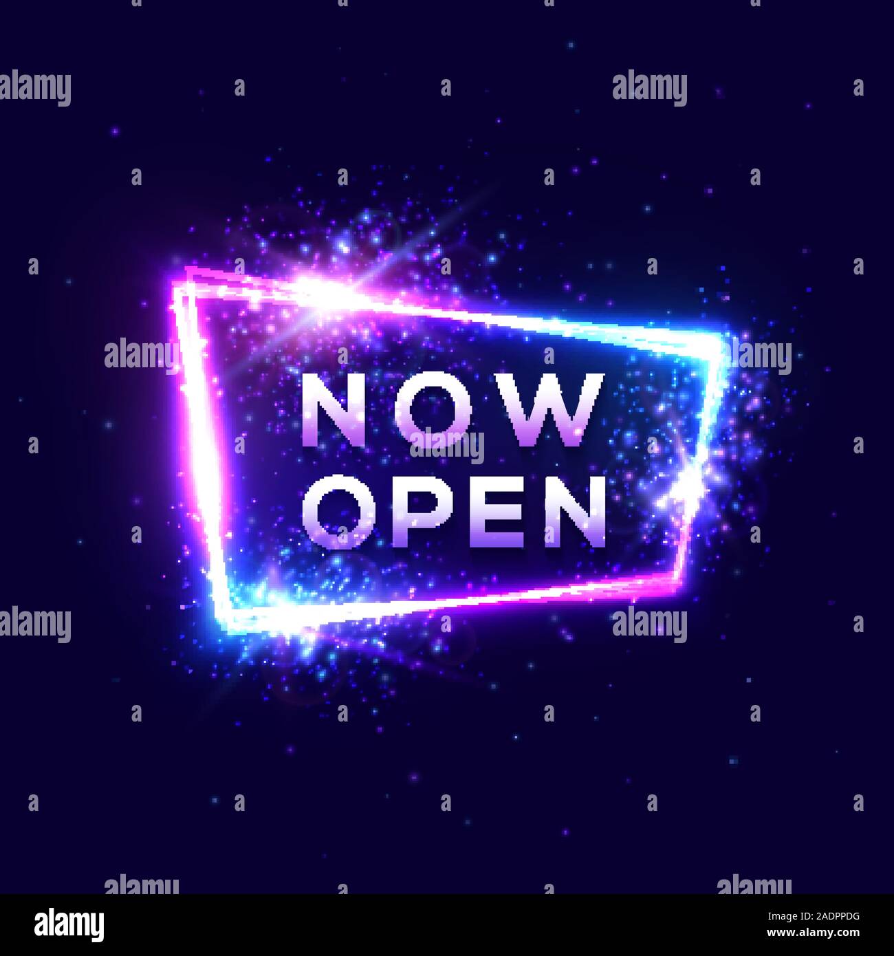 Ouvrez maintenant signer sur fond bleu foncé. Neon light design de bannières de particules 3d lettres stars sparkles. Cadre Rectangle avec la couleur des lumières. B Illustration de Vecteur