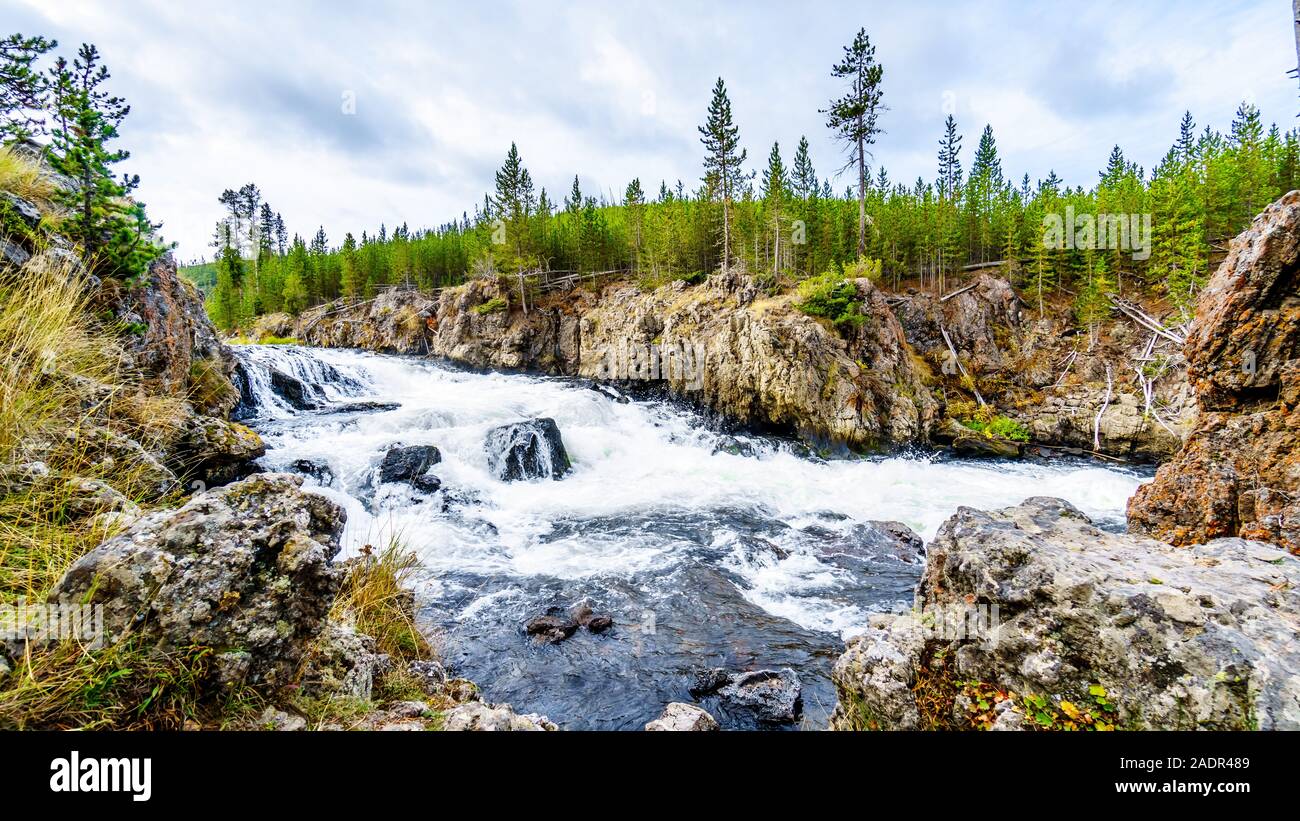 Les Cascades de la rivière Firehole Firehole Canyon le long de la route dans le Parc National de Yellowstone, Wyoming, United States Banque D'Images