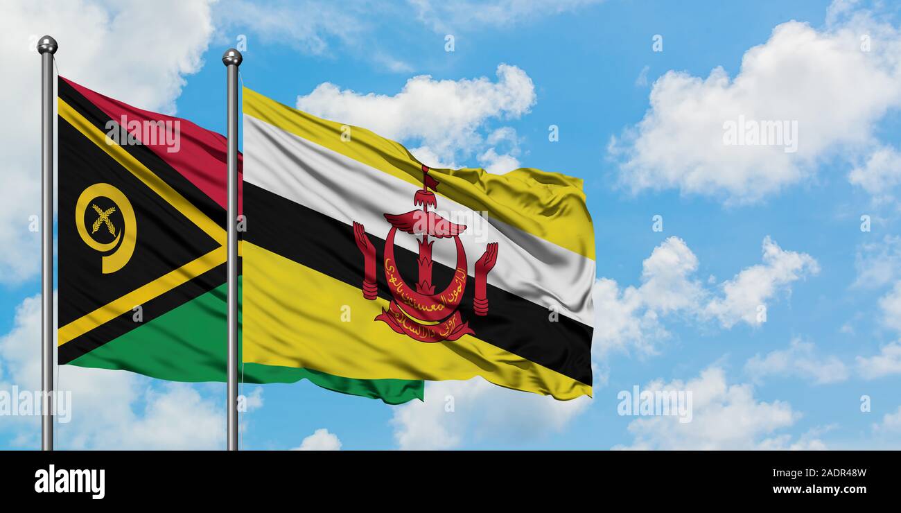Vanuatu et le Brunei drapeaux dans le vent contre ciel bleu nuageux blanc ensemble. Concept de diplomatie, de relations internationales. Banque D'Images