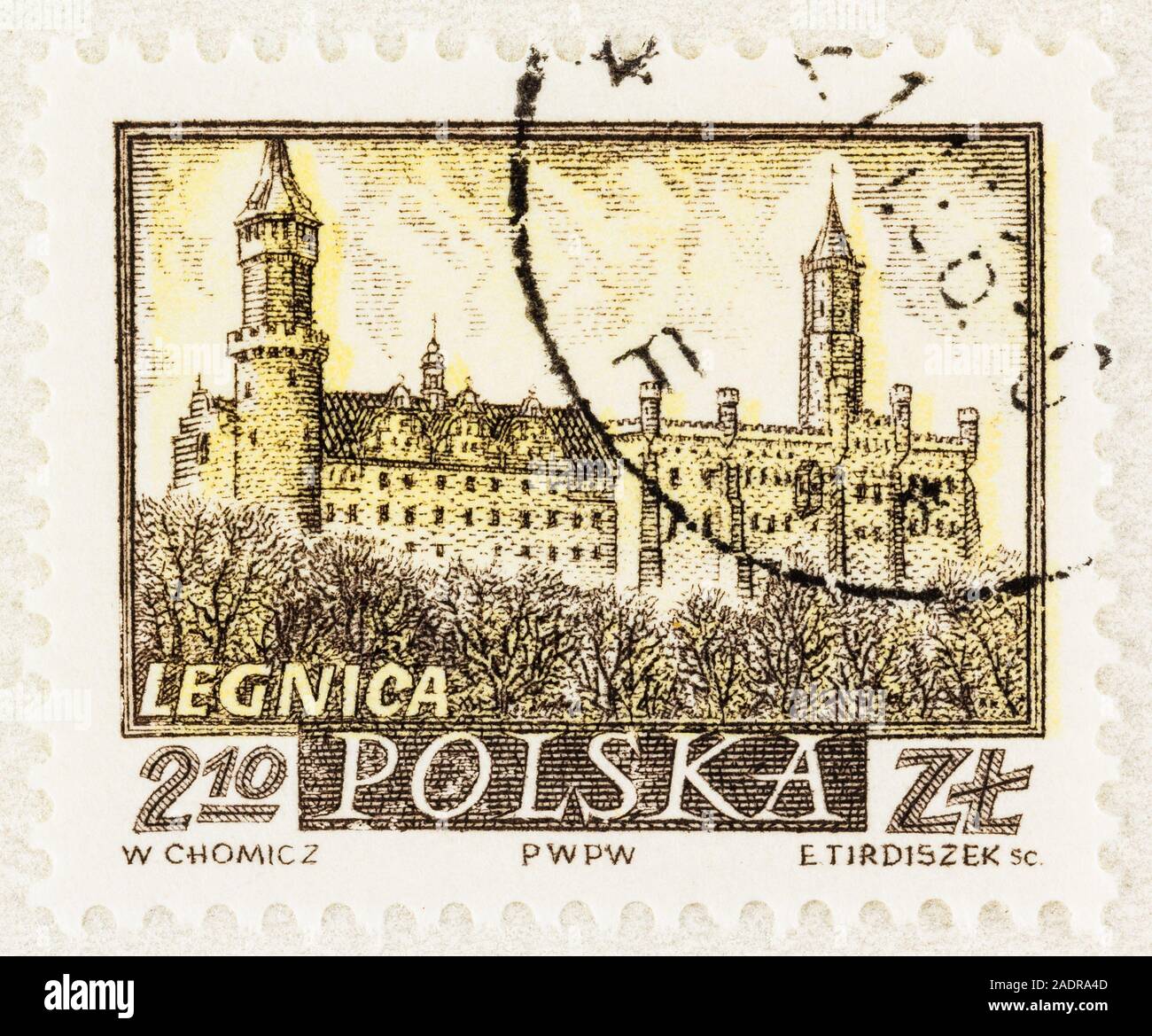 SEATTLE WASHINGTON - Le 9 octobre 2019 : Timbre de Legnica Pologne Piast avec Château en jaune et noir. Scott #  962. Banque D'Images