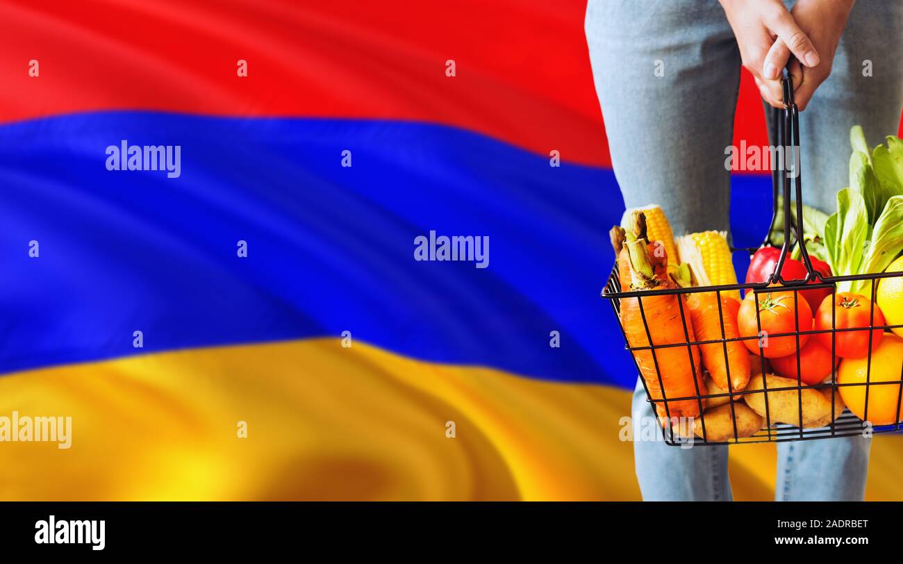 Woman is holding supermarché panier, l'Arménie waving flag background. Concept de l'économie pour les fruits et légumes. Banque D'Images