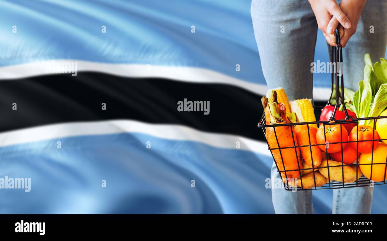 Woman is holding supermarché panier, Botswana waving flag background. Concept de l'économie pour les fruits et légumes. Banque D'Images