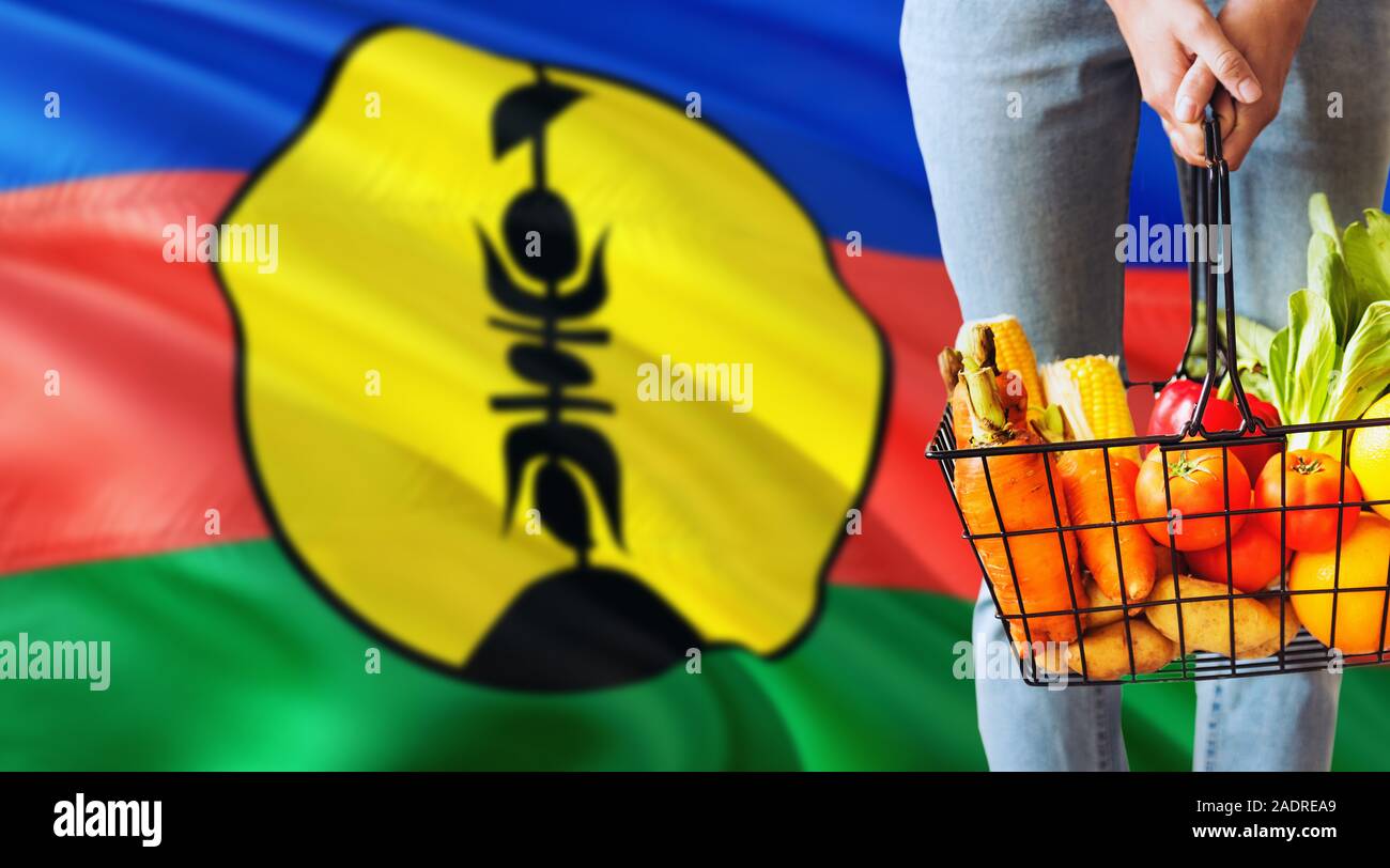 Woman is holding supermarché panier, Nouvelle Calédonie waving flag background. Concept de l'économie pour les fruits et légumes. Banque D'Images