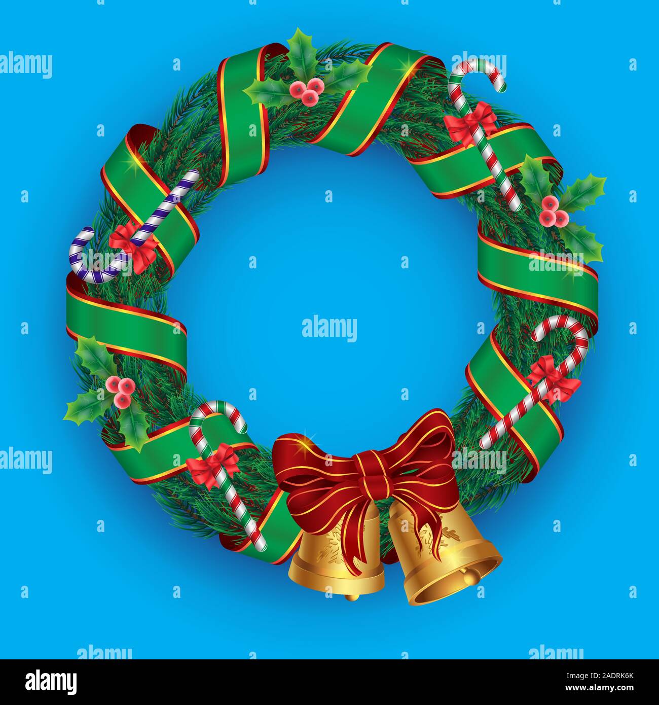 Couronne de Noël avec des cloches candy bows gui du pin ruban bleu sur fond isolé. Image vectorielle. Illustration de Vecteur