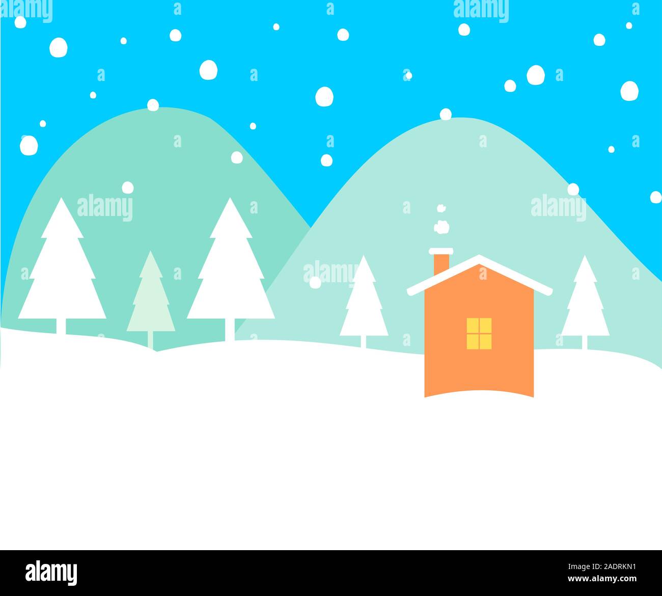Brown house dans la vallée couverte de neige en hiver, forêt de pins blancs dans l'air sombre avec la montagne verte et ciel bleu en arrière-plan, Illustration de Vecteur Brown house dans la vallée couverte de neige en hiver, forêt de pins blancs dans l'air sombre avec la montagne verte et ciel bleu en arrière-plan, Illustration de Vecteur