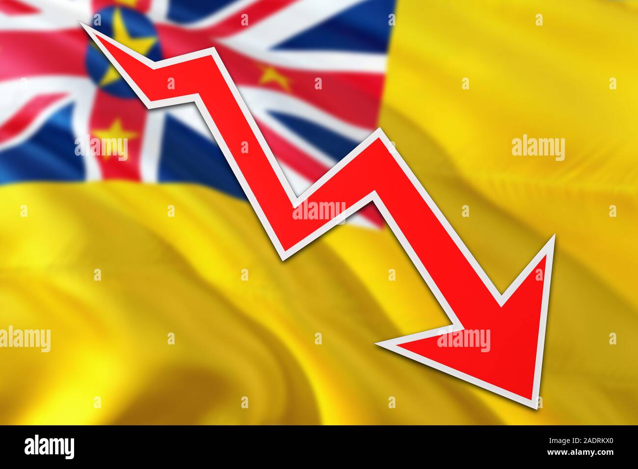 Économie Niue est graphique indiquant une croissance négative, flèche rouge descendant avec ligne de tendance. Le concept d'entreprise nationale. Banque D'Images