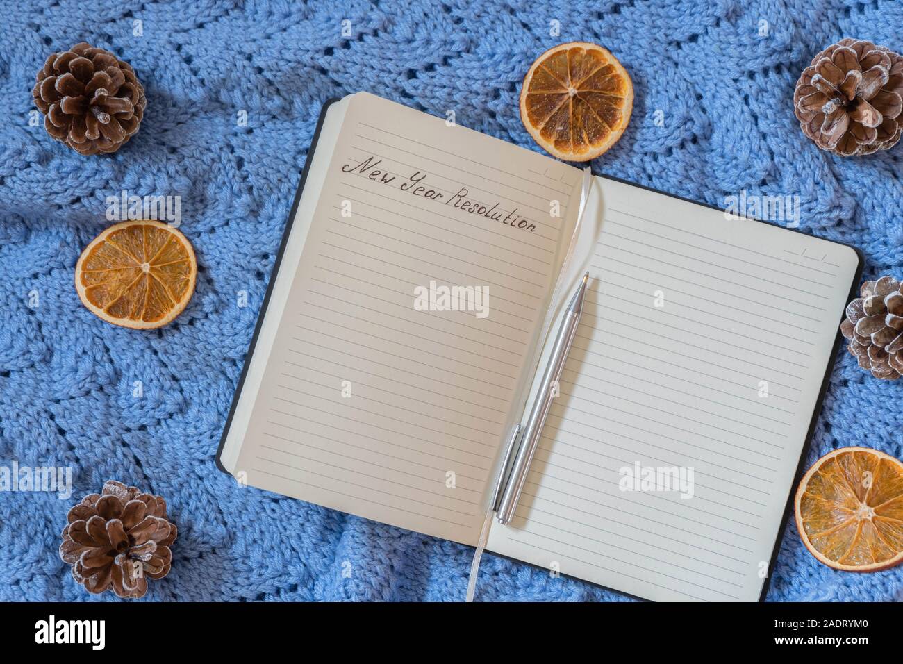 Vue supérieure de produits laitiers avec mention manuscrite sur la résolution du Nouvel An avec stylo bleu fond tricoté Banque D'Images