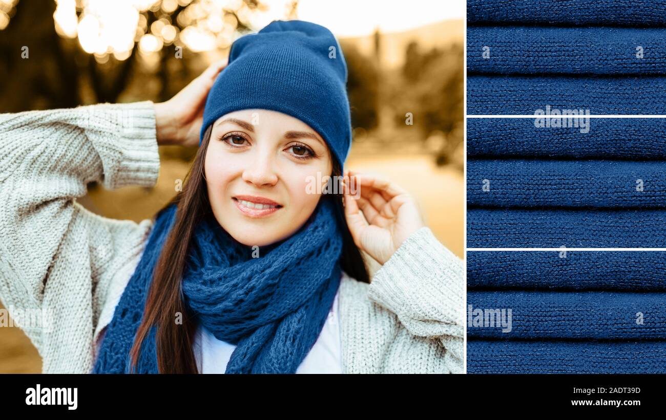 Couleurs Blue fashion automne-hiver knits pile. Belle fille à l'extérieur  en bonnet et écharpe. Maison confortable et chaleureuse couleurs mode  concept. L'horizontale Photo Stock - Alamy