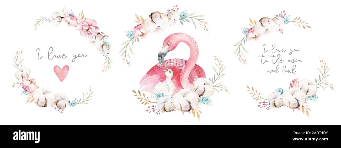 Aquarelle cute cartoon illustration avec maman et bébé mignon flamingo, feuilles de fleurs. Mère et bébé oiseau illustration design. Maman oiseau tropical Banque D'Images