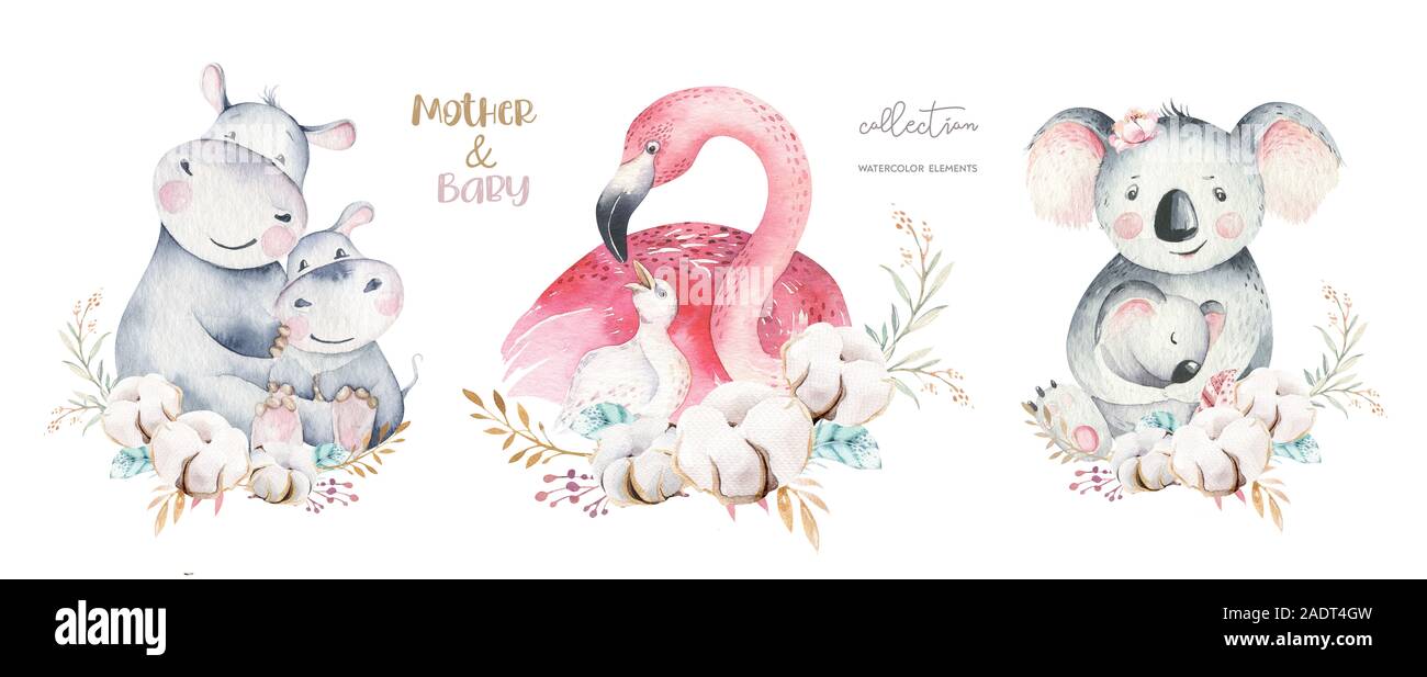 Aquarelle cute cartoon illustration avec maman et bébé mignon flamingo, feuilles de fleurs. Mère et bébé hippopotame illustration design d'oiseaux. Maman Tropical Banque D'Images