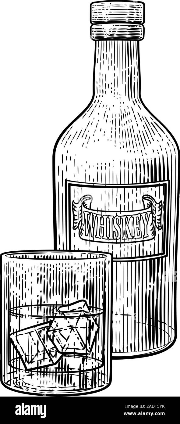 Bouteille de whisky et verre avec de la glace Gravure Illustration de Vecteur