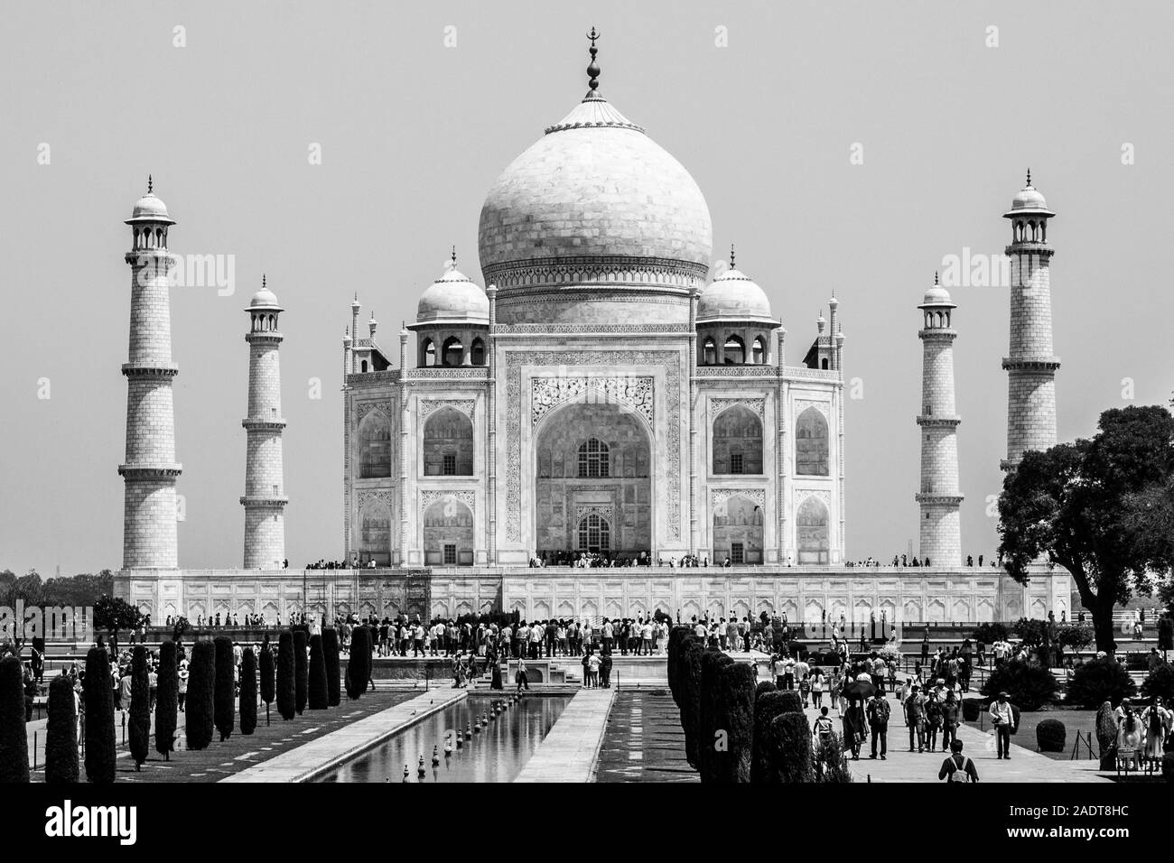 Silhouette de Taj Mahal avec jardin, miroir d'eau et les visiteurs. UNESCO World Heritage à Agra, Uttar Pradesh, Inde Banque D'Images