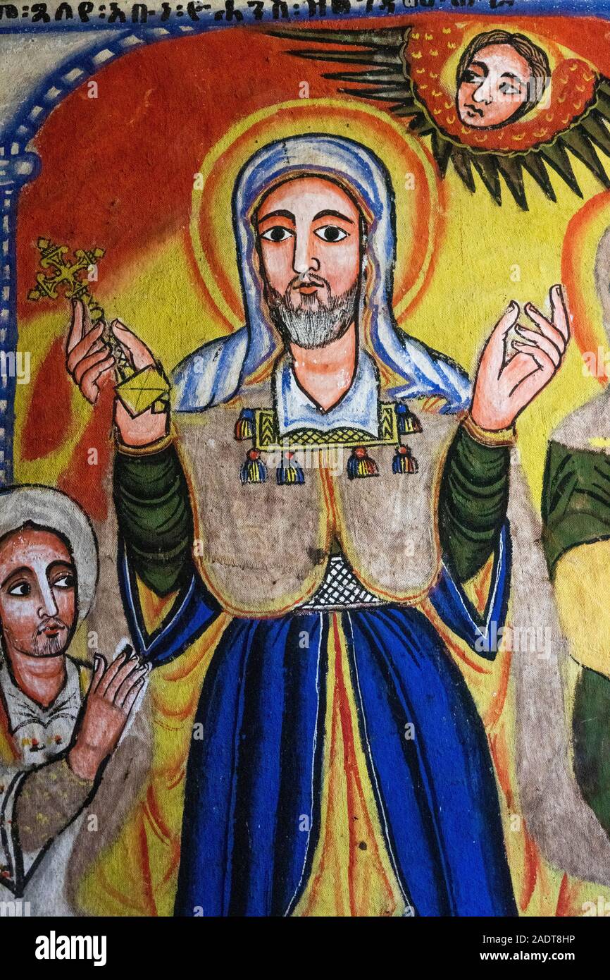 L'Éthiopie, région d'Amhara, Bahir Dar, le Lac Tana, la péninsule de Zege, C 14e Ura Kidane Mehret, dans l'Église Couvent de la miséricorde, la peinture murale de prêtre holding lo Banque D'Images