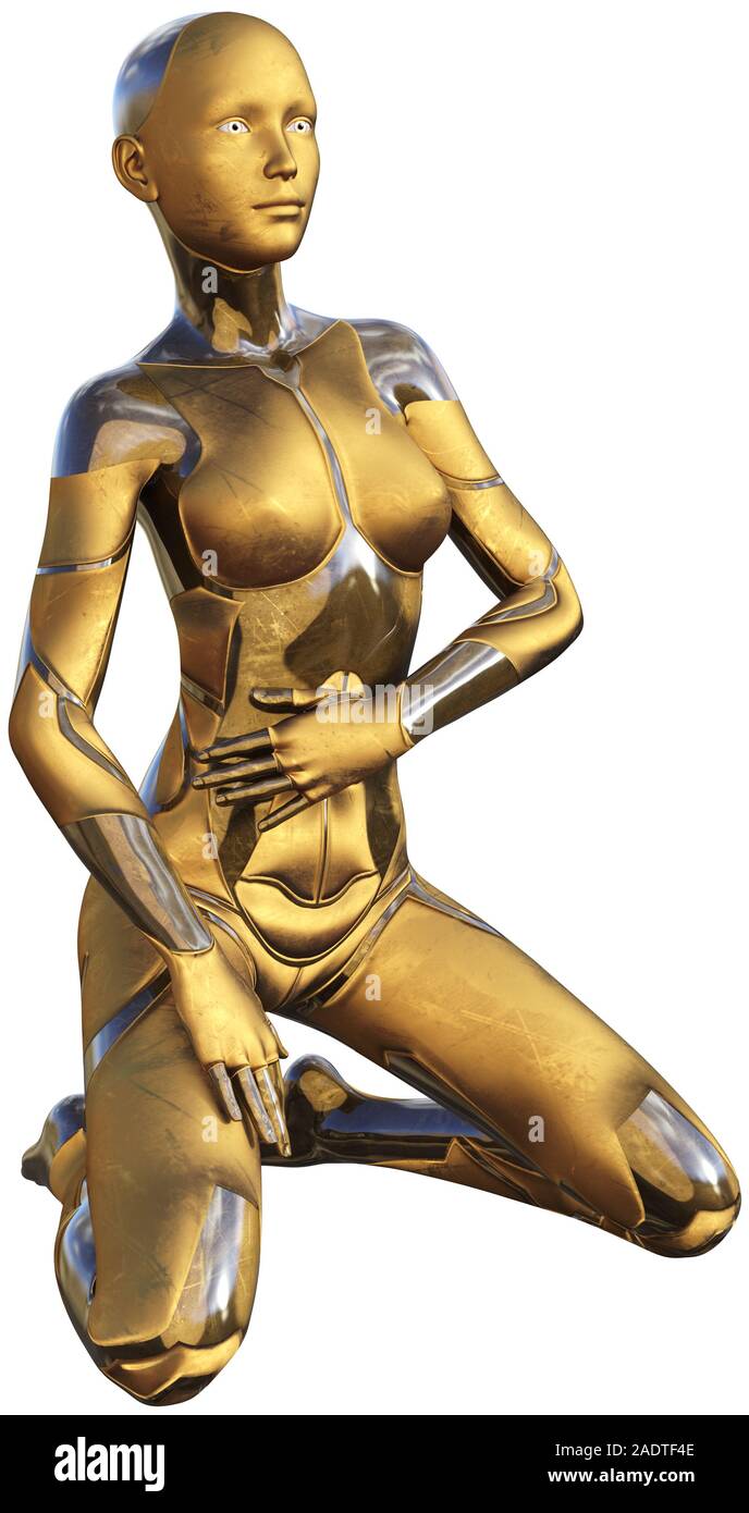 Golden utilisé Android métallique Femme Intelligence Artificielle futuriste 3D Illustration Banque D'Images