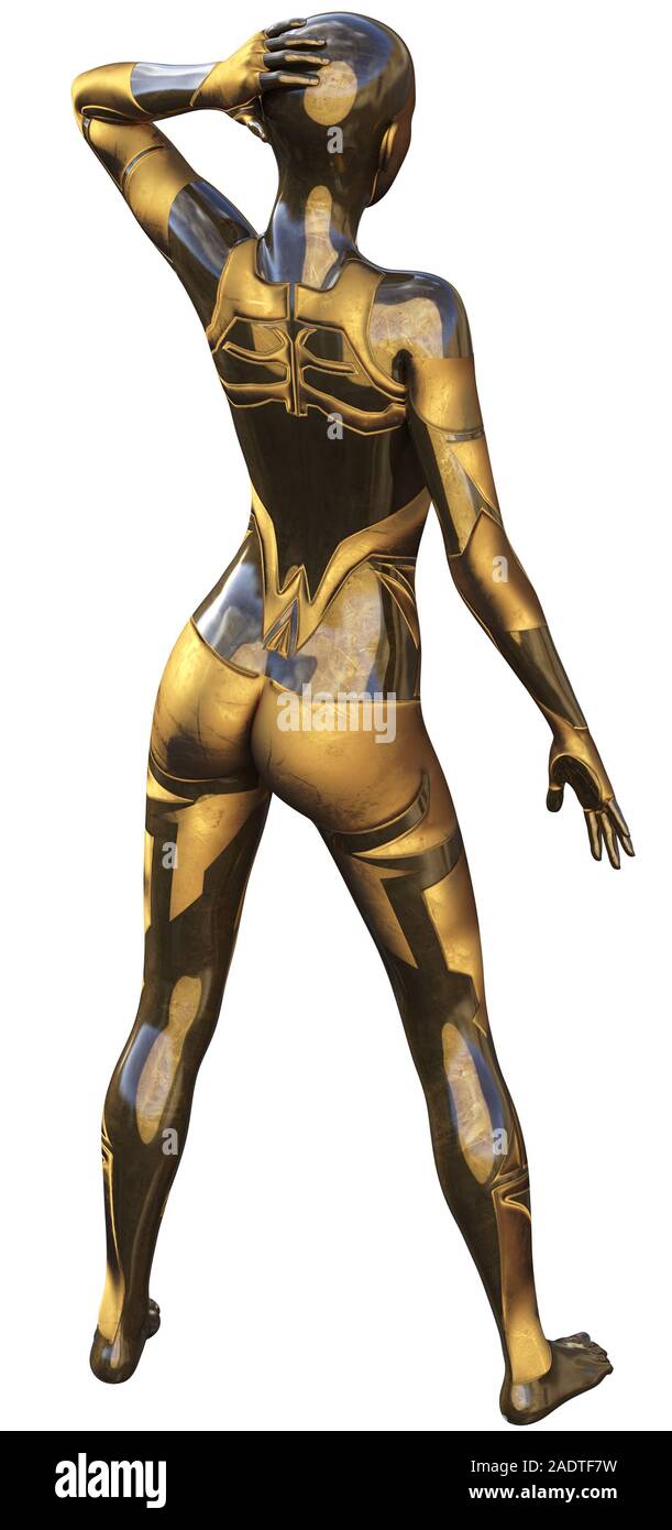 Golden utilisé Android métallique Femme Intelligence Artificielle futuriste 3D Illustration Banque D'Images