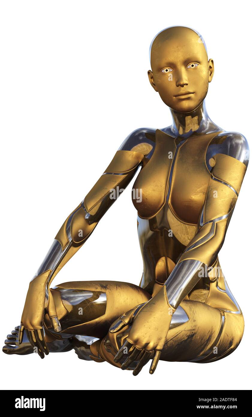 Golden utilisé Android métallique Femme Intelligence Artificielle futuriste 3D Illustration Banque D'Images