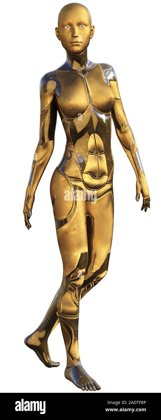 Golden utilisé Android métallique Femme Intelligence Artificielle futuriste 3D Illustration Banque D'Images