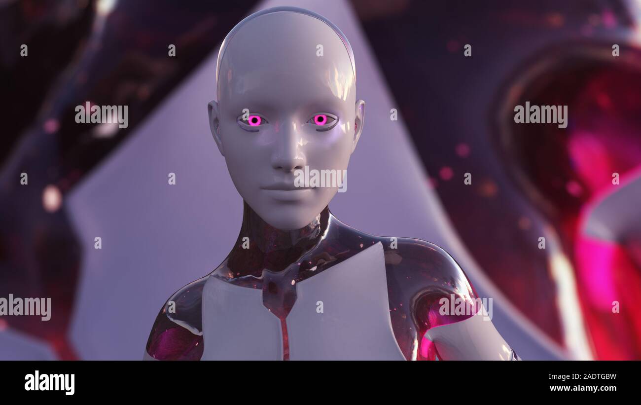 Illustration 3D d'un robot humanoïde appelé communément femelle Android Android IA Intelligence Artificielle Banque D'Images