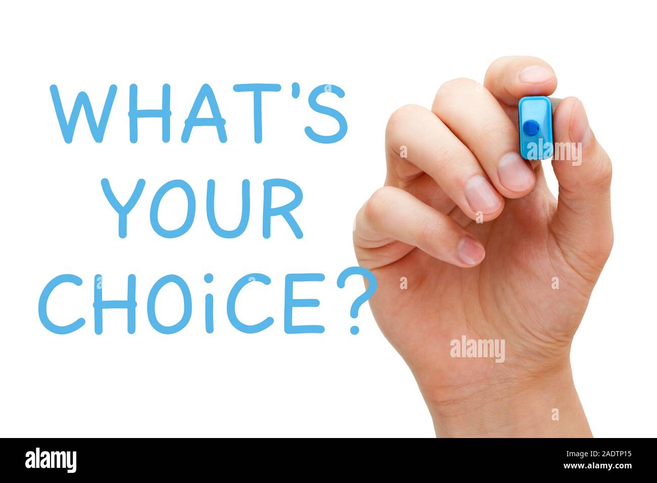 La main la question Quel est votre choix avec marqueur bleu sur transparent essuyer. Banque D'Images