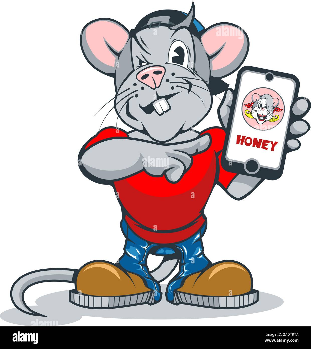 Funny cartoon rat avec un téléphone dans sa main montrant un doigt vers lui Illustration de Vecteur