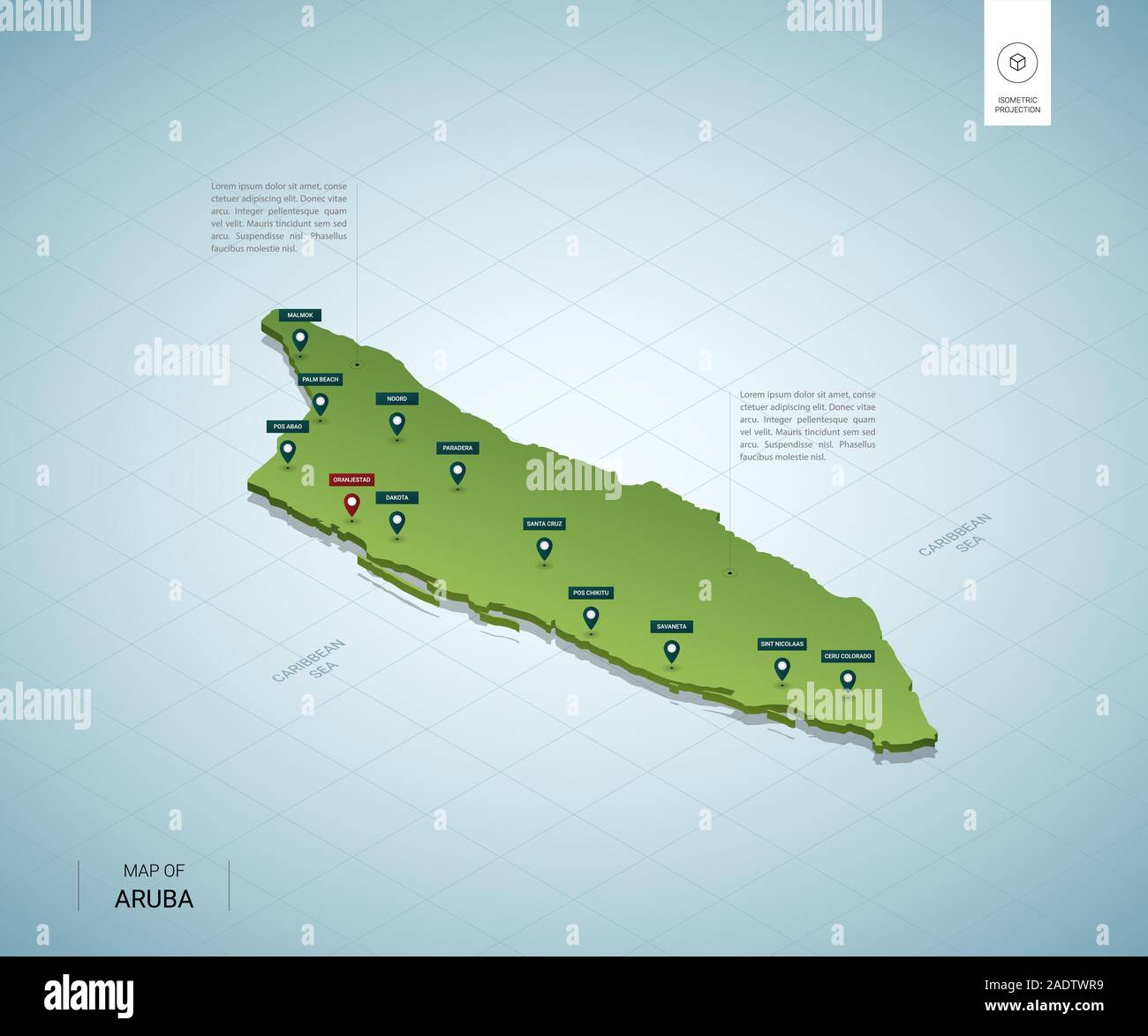 Carte stylisée d'Aruba. 3D isométrique carte verte avec les villes, frontières, régions, capitale Oranjestad. Vector illustration. Couches modifiables clairement étiquetés. Illustration de Vecteur