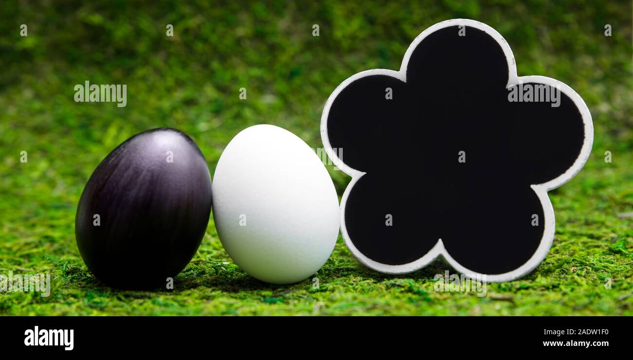Noir et blanc, d'oeufs d'ardoise en forme de fleur avec copyspace, Saison printemps et Pâques concept Banque D'Images