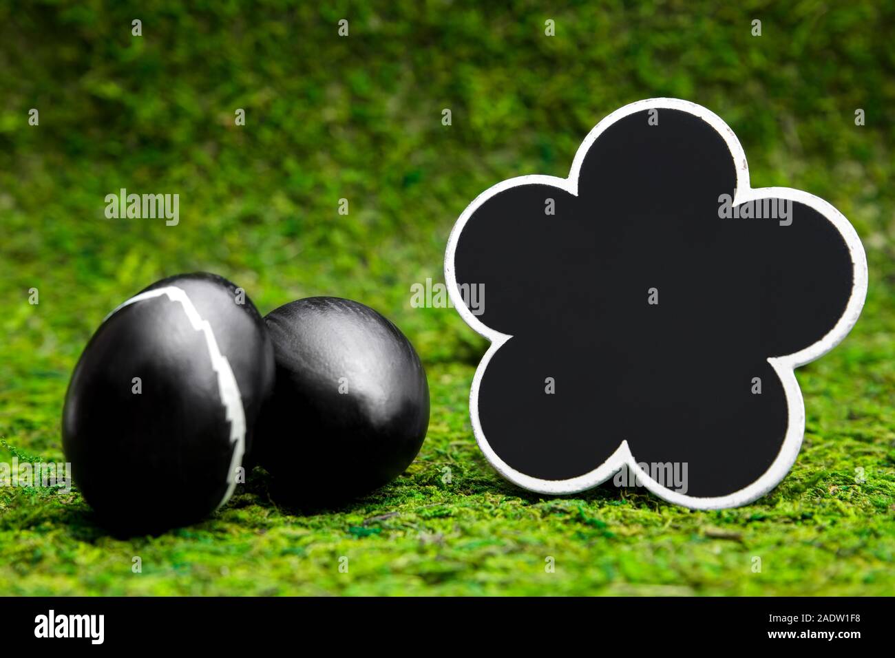 Les oeufs de pâques noir et signe en forme de fleur sur vert mousse, copyspace pour Pâques ou thème printemps Banque D'Images