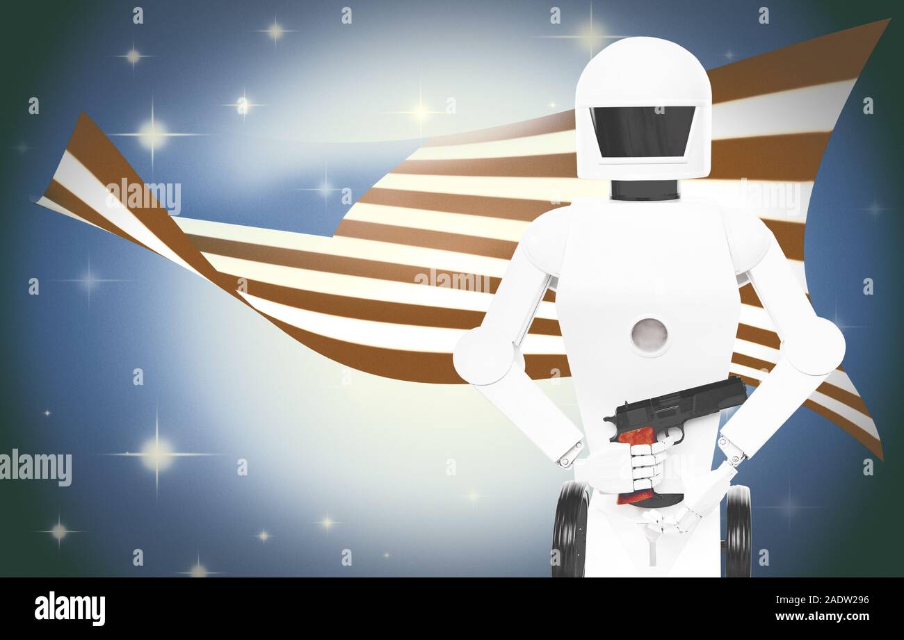 Robot de guerre avec l'arme en face de l'United States of America flag Banque D'Images