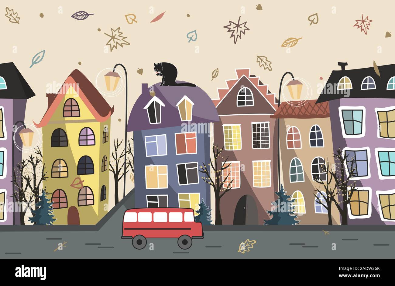 Maisons de Ville automne arrière-plan transparent. Rue de la vieille ville. Ancien bâtiment frontière. Doodle motif. Vector illustration. Illustration de Vecteur